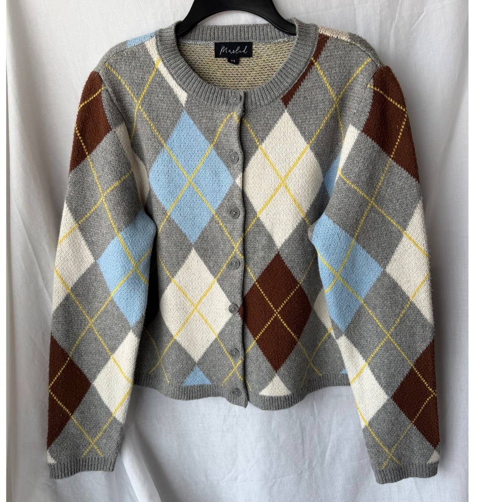 Marled Argyle Cardigan Grandma Sweater Preppy Academic Classic Dark Light Medium